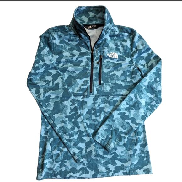 The North Face Green Camo 1/4 Zip Pull Over Warm Up Outdoor Jacket Sweatshirt - Picture 1 of 4